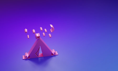 Pink Tourist tent with flag icon isolated on purple-blue background. Camping symbol. Minimalism concept. 3D render illustration.の写真素材