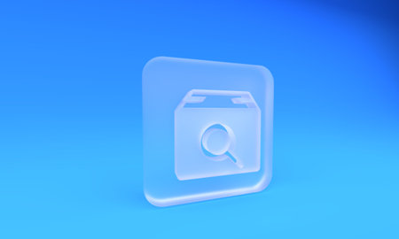 Frosted glass Search package icon isolated on blue background. Parcel tracking symbol. Magnifying glass and cardboard box. Logistics and delivery. Square frosted glass button. 3D render illustration.の写真素材