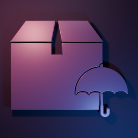 Purple Delivery package with umbrella symbol icon isolated on purple-blue background. Parcel cardboard box with umbrella sign. Logistics and delivery. Minimalism concept. 3D render illustration.の写真素材