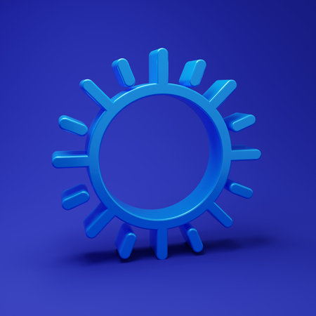 Blue Sun icon isolated on blue background. Minimalism concept. 3D render illustration.の写真素材