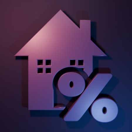 Purple House with percant discount tag icon isolated on purple-blue background. House percentage sign price. Real estate home. Credit percentage symbol. Minimalism concept. 3D render illustration.の写真素材