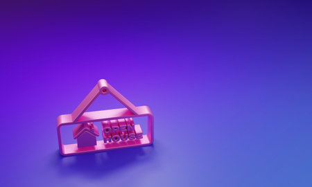 Pink Hanging sign with text Open house icon isolated on purple-blue background. Signboard with text Open house. Minimalism concept. 3D render illustration.の写真素材