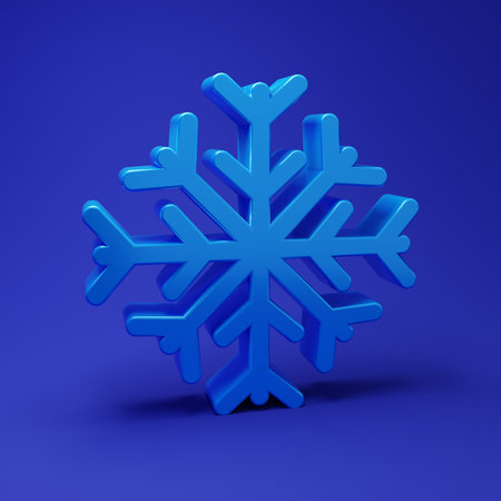 Blue Snowflake icon isolated on blue background. Minimalism concept. 3D render illustration.の写真素材