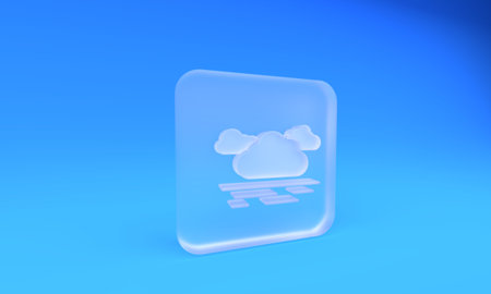 Frosted glass Cloud icon isolated on blue background. Square frosted glass button. 3D render illustration.の写真素材