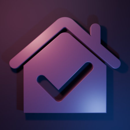 Purple House with check mark icon isolated on purple-blue background. Real estate agency or cottage town elite class. Minimalism concept. 3D render illustration.の写真素材