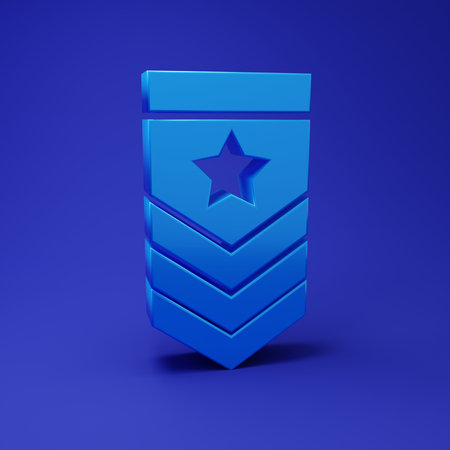 Blue Chevron icon isolated on blue background. Military badge sign. Minimalism concept. 3D render illustration.の写真素材