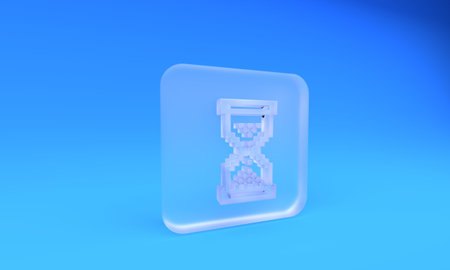 Frosted glass Hourglass pixel with flowing sand icon isolated on blue background. Sand clock sign. Business and time management concept. Square frosted glass button. 3D render illustration.の写真素材