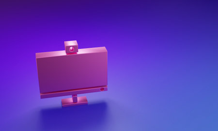 Pink Computer monitor icon isolated on purple-blue background. PC component sign. Minimalism concept. 3D render illustration.の写真素材