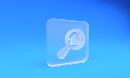 Frosted glass Search house icon isolated on blue background. Real estate symbol of a house under magnifying glass. Square frosted glass button. 3D render illustration.の写真素材