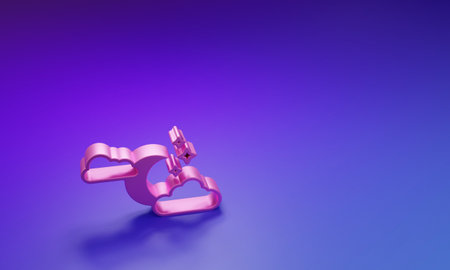 Pink Cloud with moon and stars icon isolated on purple-blue background. Cloudy night sign. Sleep dreams symbol. Night or bed time sign. Minimalism concept. 3D render illustration.の写真素材