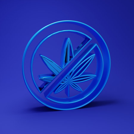 Blue Stop marijuana or cannabis leaf icon isolated on blue background. No smoking marijuana. Hemp symbol. Minimalism concept. 3D render illustration.の写真素材