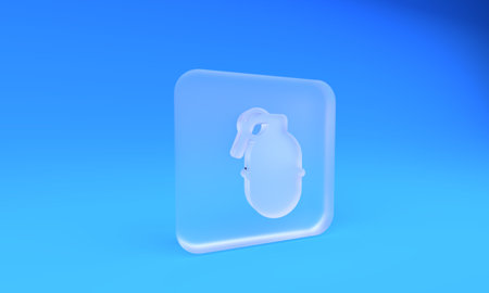 Frosted glass Hand grenade icon isolated on blue background. Bomb explosion. Square frosted glass button. 3D render illustration.の写真素材