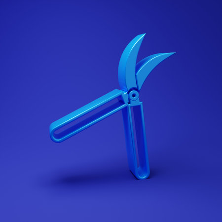 Blue Gardening handmade scissors for trimming icon isolated on blue background. Pruning shears with wooden handles. Minimalism concept. 3D render illustration.の写真素材