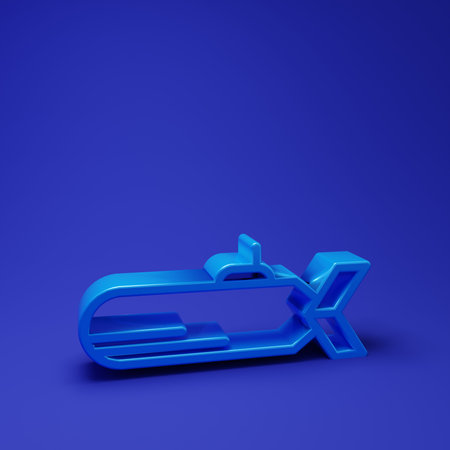 Blue Submarine icon isolated on blue background. Military ship. Minimalism concept. 3D render illustration.の写真素材