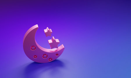 Pink Moon and stars icon isolated on purple-blue background. Minimalism concept. 3D render illustration.の写真素材