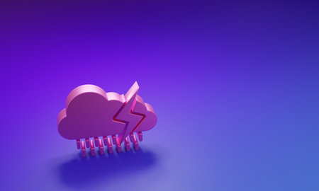 Pink Cloud with rain and lightning icon isolated on purple-blue background. Rain cloud precipitation with rain drops.Weather icon of storm. Minimalism concept. 3D render illustration.の写真素材