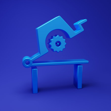 Blue Table saw for woodwork icon isolated on blue background. Power saw bench. Minimalism concept. 3D render illustration.の写真素材