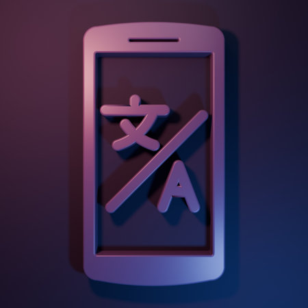Purple Online translator icon isolated on purple-blue background. Foreign language conversation icons in chat speech bubble. Translating concept. Minimalism concept. 3D render illustration.の写真素材
