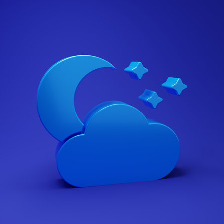 Blue Cloud with moon and stars icon isolated on blue background. Cloudy night sign. Sleep dreams symbol. Night or bed time sign. Minimalism concept. 3D render illustration.の写真素材