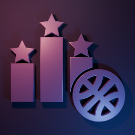 Purple Basketball over sports winner podium icon isolated on purple-blue background. Minimalism concept. 3D render illustration.の写真素材