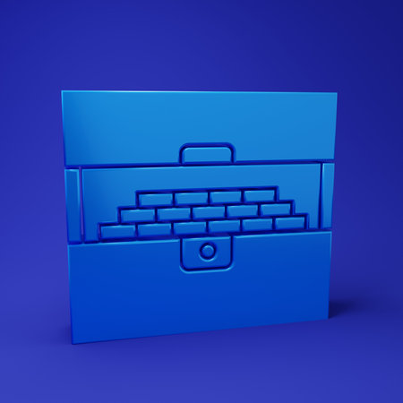 Blue Opened antique treasure chest icon isolated on blue background. Vintage wooden chest with golden coin. Minimalism concept. 3D render illustration.の写真素材