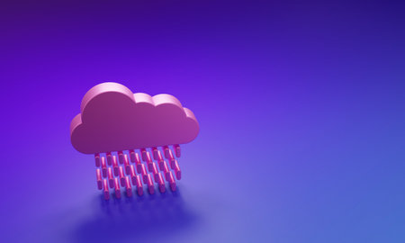 Pink Cloud with rain icon isolated on purple-blue background. Rain cloud precipitation with rain drops. Minimalism concept. 3D render illustration.の写真素材