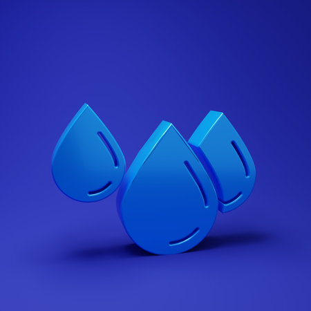 Blue Water drop icon isolated on blue background. Minimalism concept. 3D render illustration.の写真素材