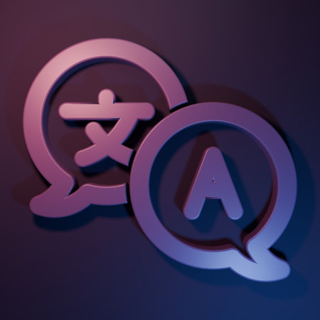 Purple Translator icon isolated on purple-blue background. Foreign language conversation icons in chat speech bubble. Translating concept. Minimalism concept. 3D render illustration.の写真素材