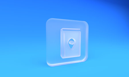 Frosted glass Cover book travel guide icon isolated on blue background. Square frosted glass button. 3D render illustration.の写真素材