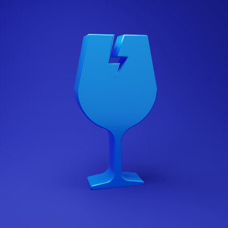 Blue Fragile broken glass symbol for delivery boxes icon isolated on blue background. Minimalism concept. 3D render illustration.の写真素材