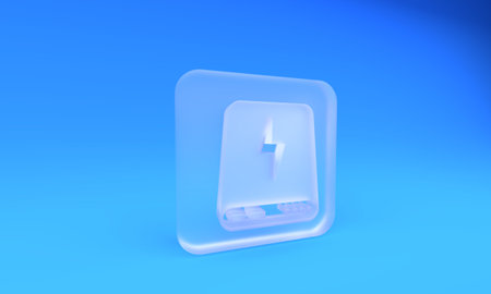 Frosted glass Power bank icon isolated on blue background. Portable charging device. Square frosted...