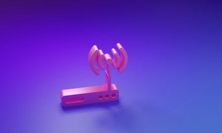 Pink Router and wi-fi signal symbol icon isolated on purple-blue background. Wireless ethernet modem router. Computer technology internet. Minimalism concept. 3D render illustration.の写真素材