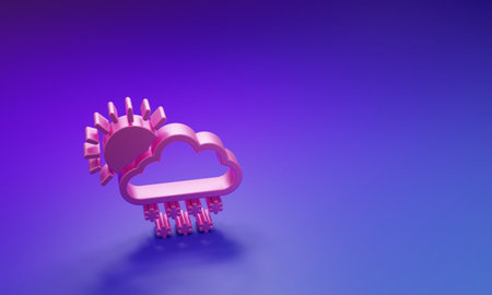 Pink Cloud with snow and sun icon isolated on purple-blue background. Cloud with snowflakes. Single weather icon. Snowing sign. Minimalism concept. 3D render illustration.の写真素材