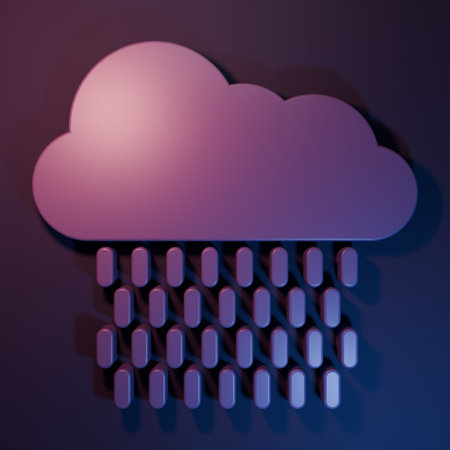 Purple Cloud with rain icon isolated on purple-blue background. Rain cloud precipitation with rain drops. Minimalism concept. 3D render illustration.の写真素材