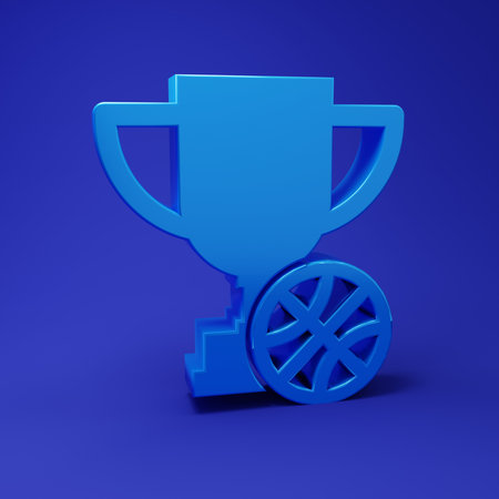 Blue Award cup with basketball ball icon isolated on blue background. Winner trophy symbol. Championship or competition trophy. Minimalism concept. 3D render illustration.の写真素材