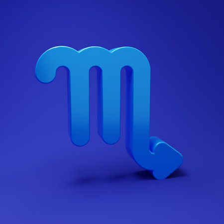 Blue Scorpio zodiac sign icon isolated on blue background. Astrological horoscope collection. Minimalism concept. 3D render illustration.の写真素材
