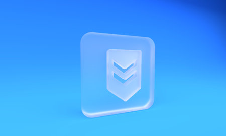 Frosted glass Chevron icon isolated on blue background. Military badge sign. Square frosted glass button. 3D render illustration.の写真素材