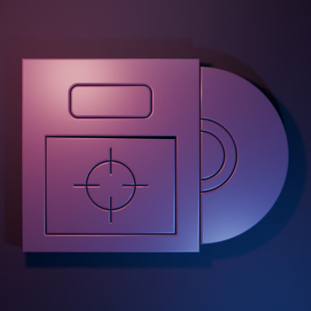 Purple CD or DVD disk in box icon isolated on purple-blue background. Compact disc sign. Minimalism concept. 3D render illustration.の写真素材