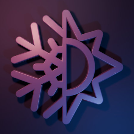 Purple Hot and cold symbol. Sun and snowflake icon isolated on purple-blue background. Winter and summer symbol. Minimalism concept. 3D render illustration.の写真素材
