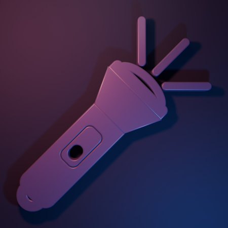 Purple Flashlight icon isolated on purple-blue background. Minimalism concept. 3D render illustration.の写真素材