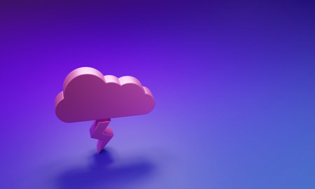 Pink Storm icon isolated on purple-blue background. Cloud and lightning sign. Weather icon of storm. Minimalism concept. 3D render illustration.の写真素材