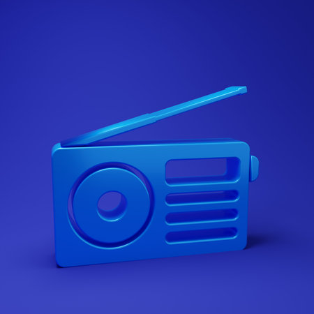 Blue Radio with antenna icon isolated on blue background. Minimalism concept. 3D render...
