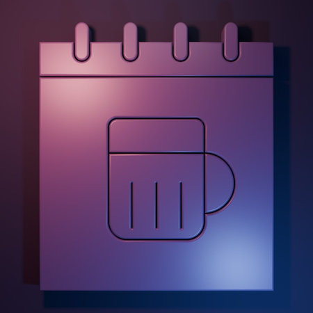 Purple Saint Patricks day with calendar icon isolated on purple-blue background. Four leaf clover symbol. Date 17 March. Minimalism concept. 3D render illustration.の写真素材