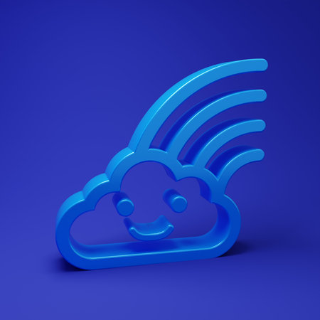 Blue Rainbow with cloud icon isolated on blue background. Minimalism concept. 3D render illustration.の写真素材