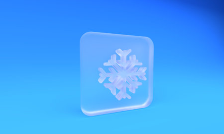 Frosted glass Snowflake icon isolated on blue background. Square frosted glass button. 3D render illustration.の写真素材