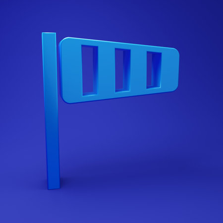 Blue Cone meteorology windsock wind vane icon isolated on blue background. Windsock indicate the direction and strength of the wind. Minimalism concept. 3D render illustration.の写真素材