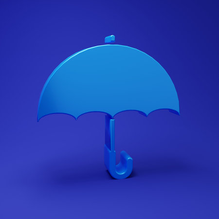 Blue Umbrella icon isolated on blue background. Minimalism concept. 3D render illustration.の写真素材