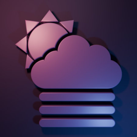 Purple Fog and cloud with sun icon isolated on purple-blue background. Minimalism concept. 3D render illustration.の写真素材