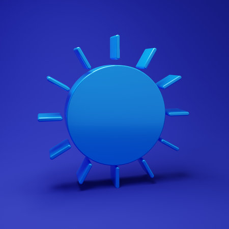 Blue Sun icon isolated on blue background. Minimalism concept. 3D render illustration.の写真素材