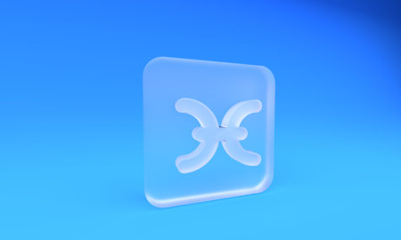 Frosted glass Pisces zodiac sign icon isolated on blue background. Astrological horoscope collection. Square frosted glass button. 3D render illustration.の写真素材